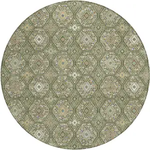 Photo of 8' Sage And Green Round Geometric Washable Indoor Outdoor Area Rug