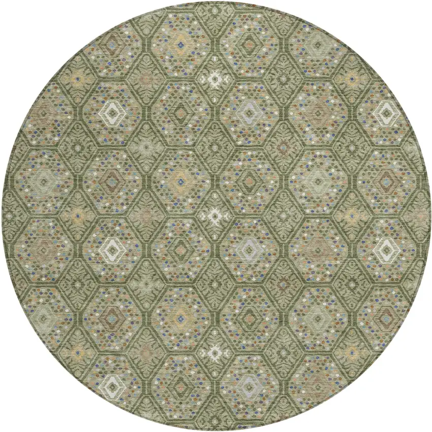 8' Sage And Green Round Geometric Washable Indoor Outdoor Area Rug Photo 1