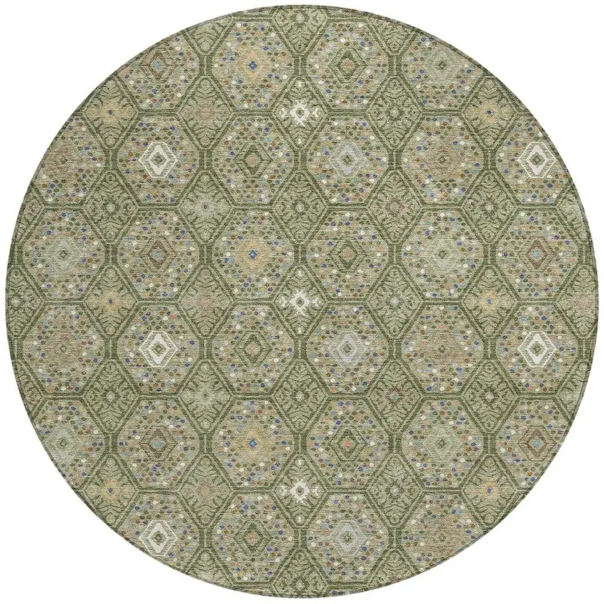 8' Sage And Green Round Geometric Washable Indoor Outdoor Area Rug Photo 3