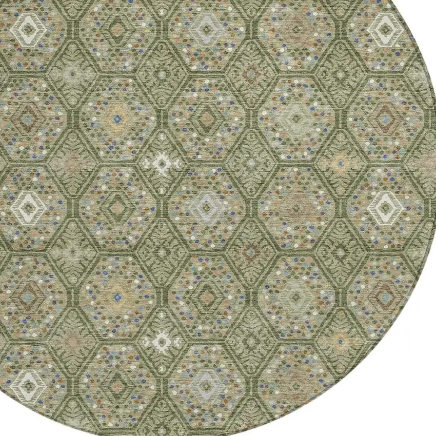 8' Sage And Green Round Geometric Washable Indoor Outdoor Area Rug Photo 2