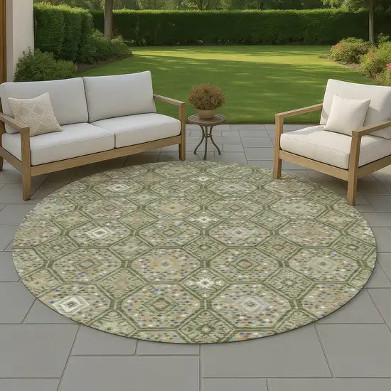 8' Sage And Green Round Geometric Washable Indoor Outdoor Area Rug Photo 4