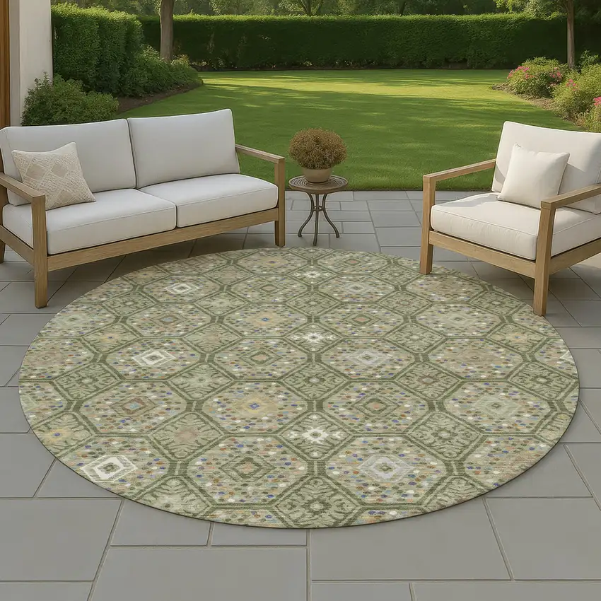 8' Sage And Green Round Geometric Washable Indoor Outdoor Area Rug Photo 4