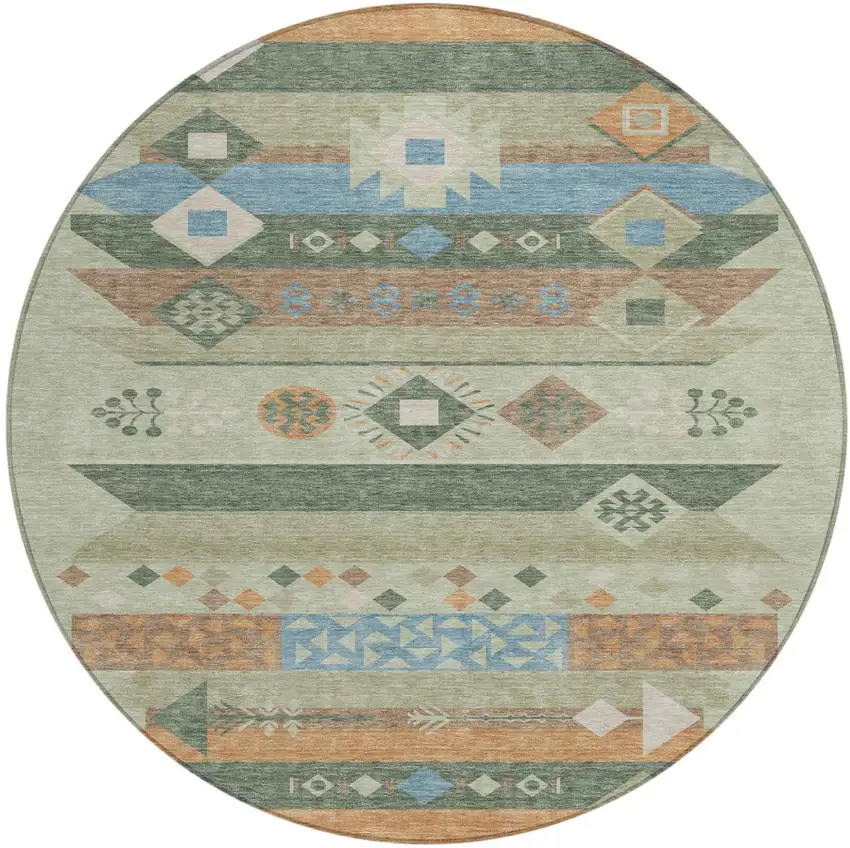 8' Sage And Green Round Geometric Washable Indoor Outdoor Area Rug Photo 2