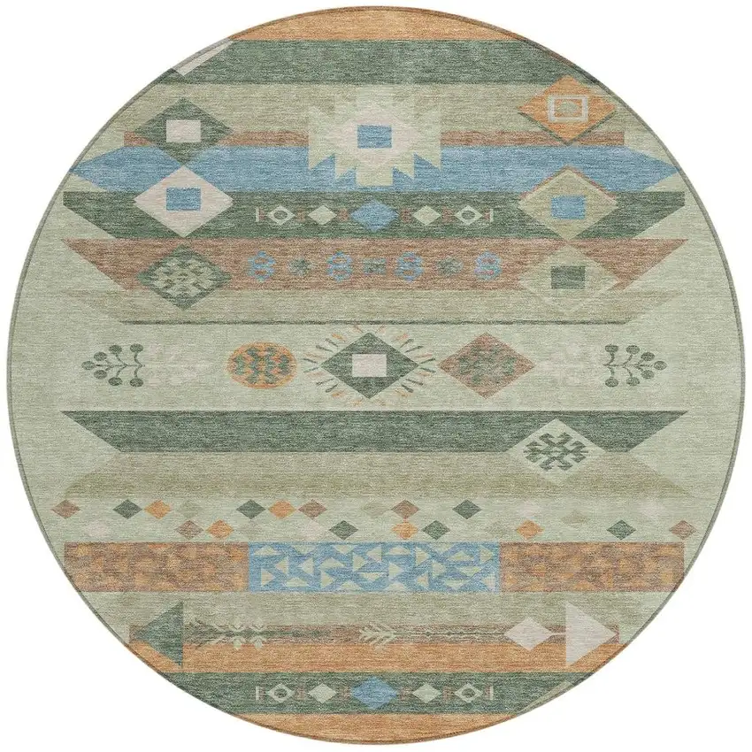 8' Sage And Green Round Geometric Washable Indoor Outdoor Area Rug Photo 4