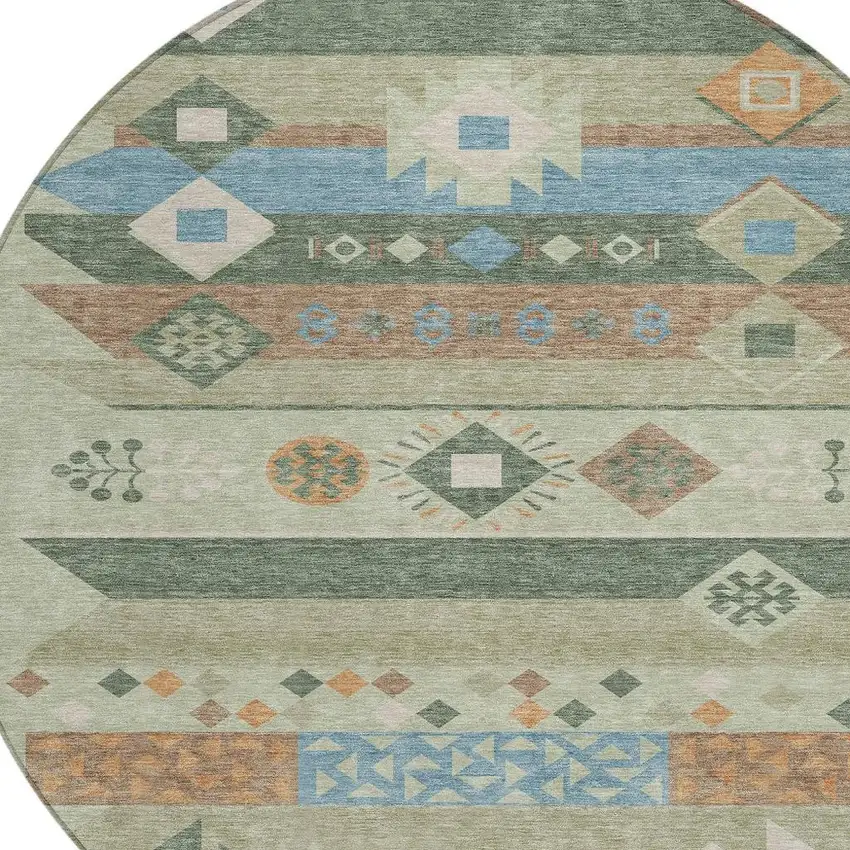 8' Sage And Green Round Geometric Washable Indoor Outdoor Area Rug Photo 3
