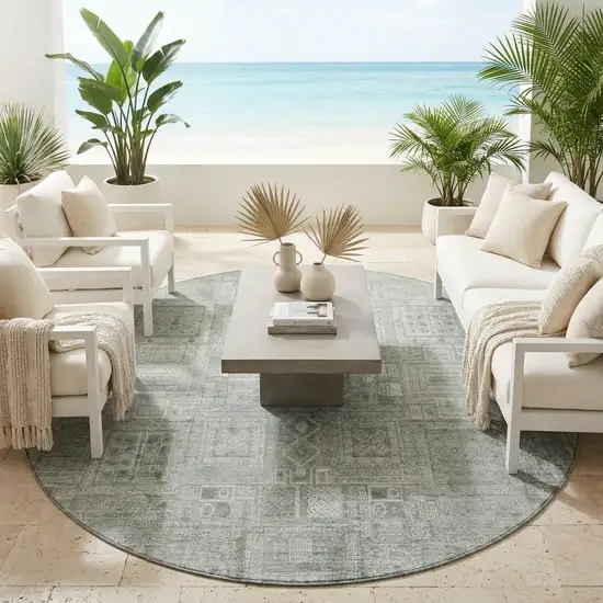 8' Sage And Green Round Oriental Washable Indoor Outdoor Area Rug Photo 1