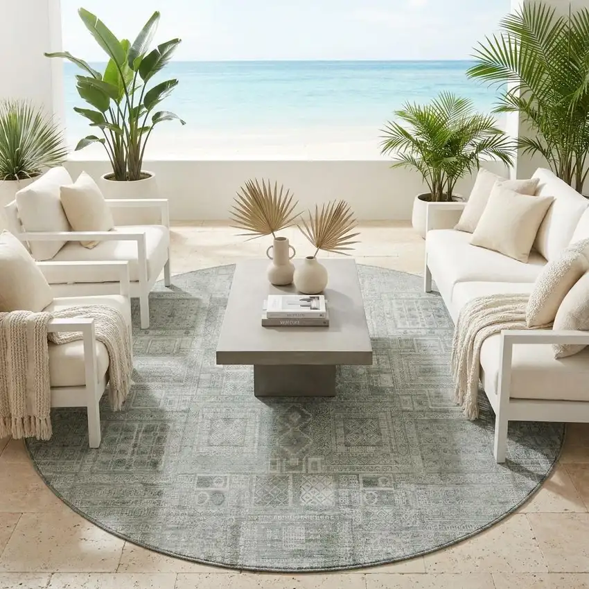 8' Sage And Green Round Oriental Washable Indoor Outdoor Area Rug Photo 1
