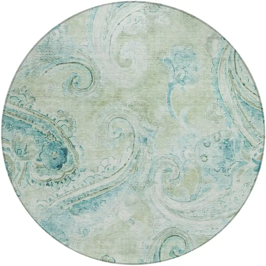 8' Sage And Green Round Paisley Washable Indoor Outdoor Area Rug Photo 2