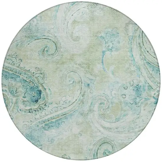 8' Sage And Green Round Paisley Washable Indoor Outdoor Area Rug Photo 4