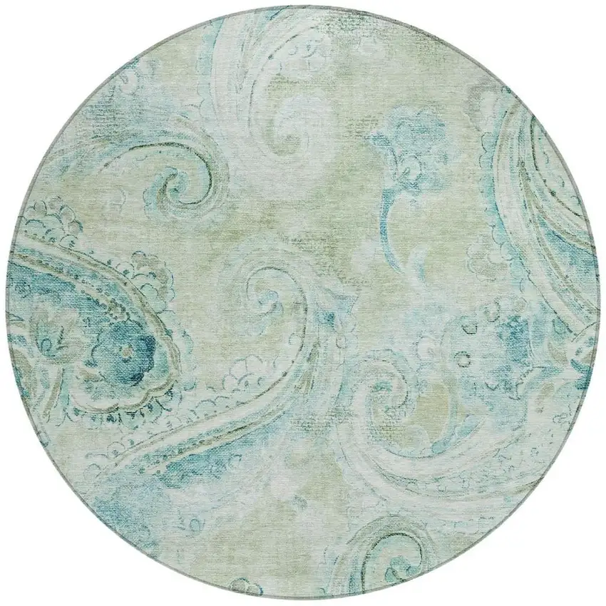 8' Sage And Green Round Paisley Washable Indoor Outdoor Area Rug Photo 4