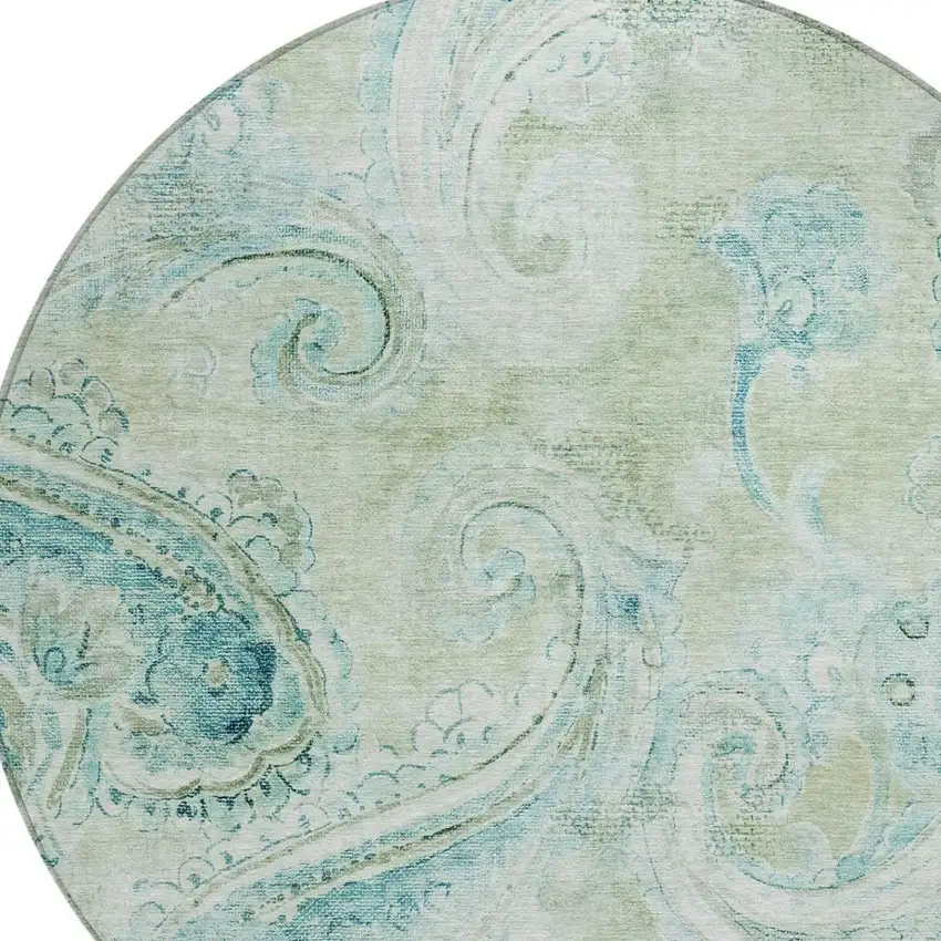 8' Sage And Green Round Paisley Washable Indoor Outdoor Area Rug Photo 3