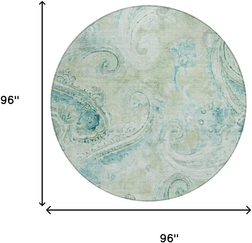 8' Sage And Green Round Paisley Washable Indoor Outdoor Area Rug Photo 7