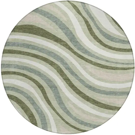 8' Sage And Green Round Striped Washable Indoor Outdoor Area Rug Photo 5