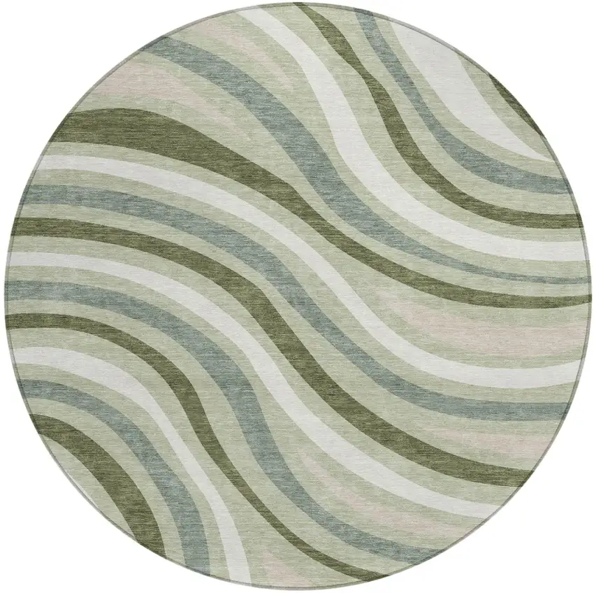 8' Sage And Green Round Striped Washable Indoor Outdoor Area Rug Photo 5