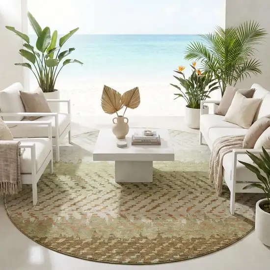 8' Sage And Green Round Striped Washable Indoor Outdoor Area Rug Photo 1