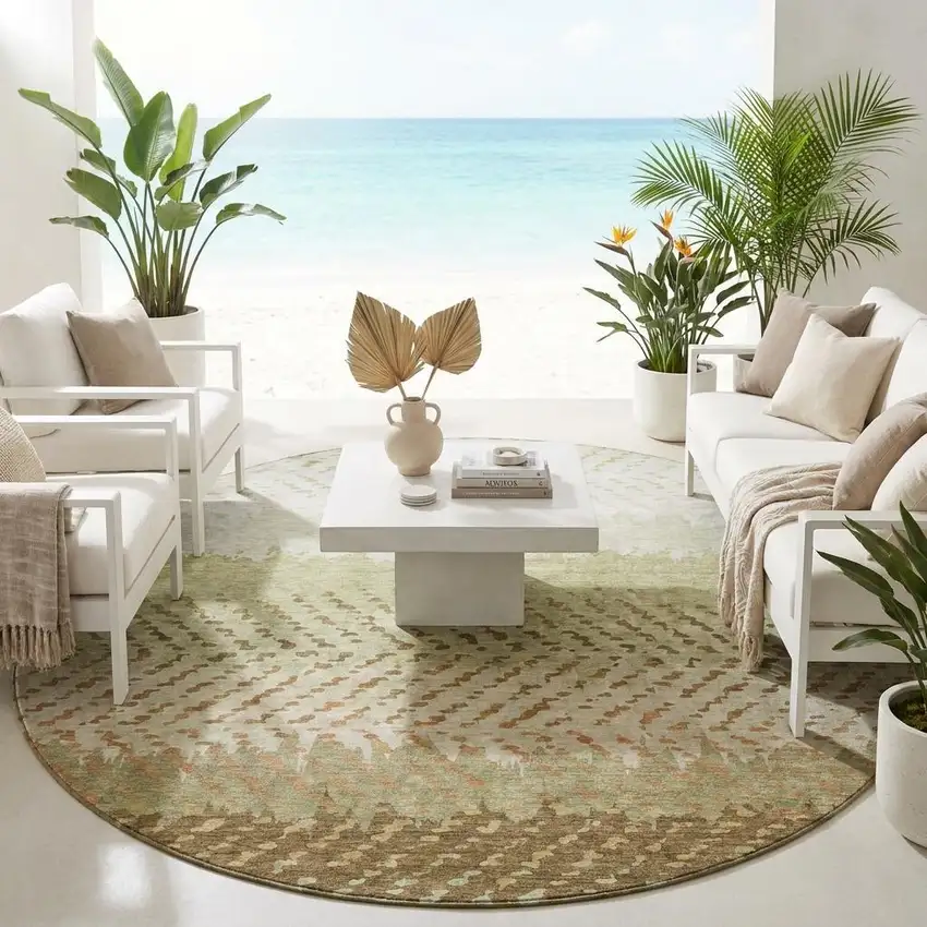 8' Sage And Green Round Striped Washable Indoor Outdoor Area Rug Photo 1