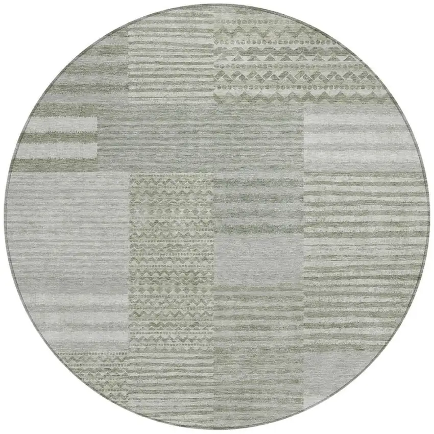 8' Sage And Green Round Striped Washable Indoor Outdoor Area Rug Photo 4