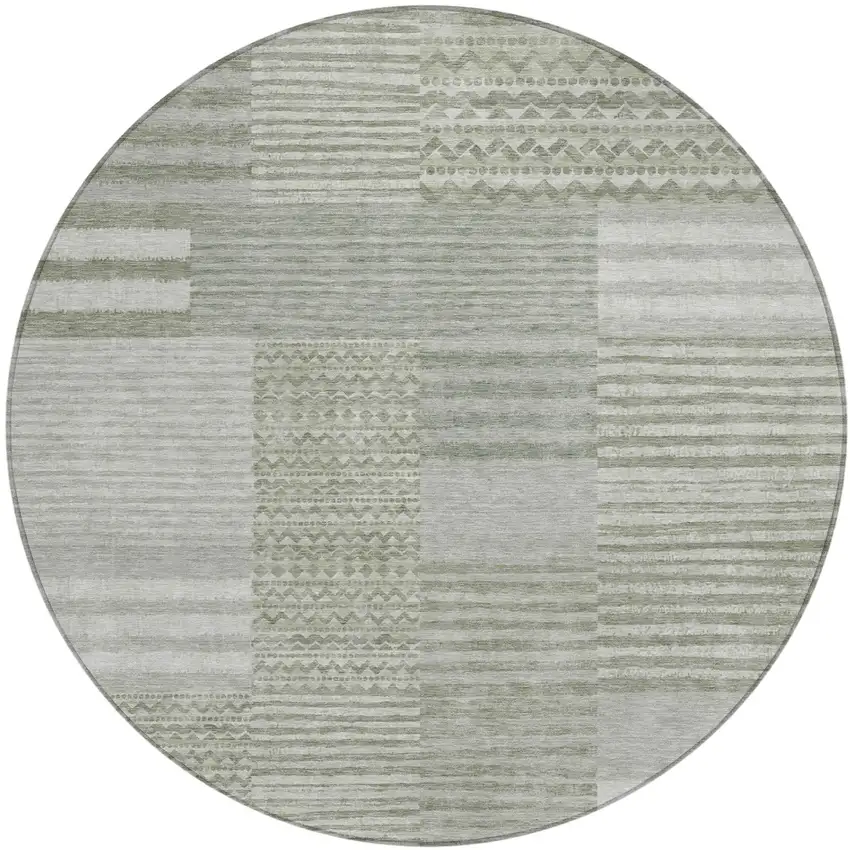 8' Sage And Green Round Striped Washable Indoor Outdoor Area Rug Photo 2