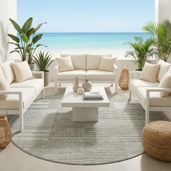8' Sage And Green Round Striped Washable Indoor Outdoor Area Rug Photo 1
