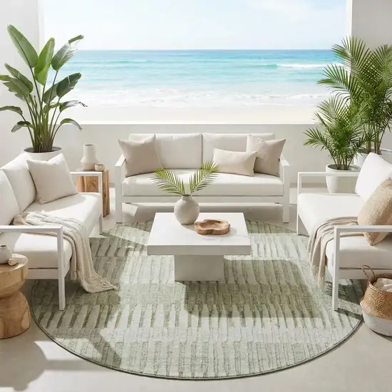 8' Sage And Green Round Striped Washable Indoor Outdoor Area Rug Photo 1