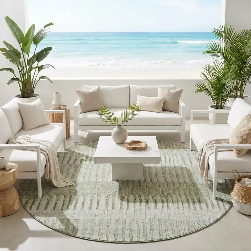 8' Sage And Green Round Striped Washable Indoor Outdoor Area Rug Photo 1