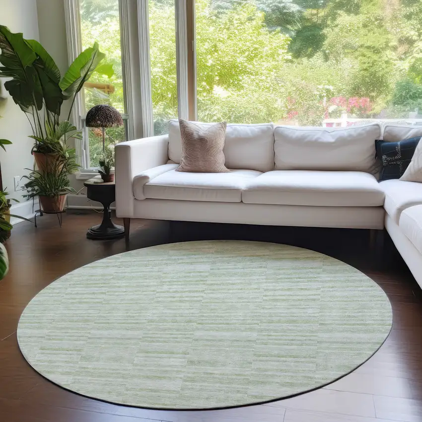 8' Sage And Green Round Striped Washable Indoor Outdoor Area Rug Photo 9