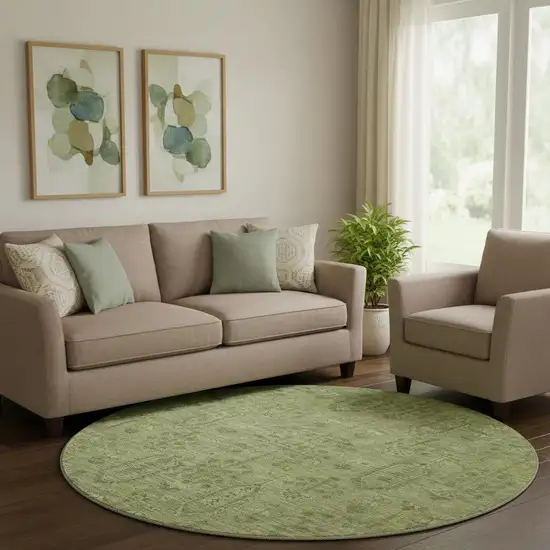 8' Sage And Green Southwestern Washable Round Rug With UV Protection Photo 1