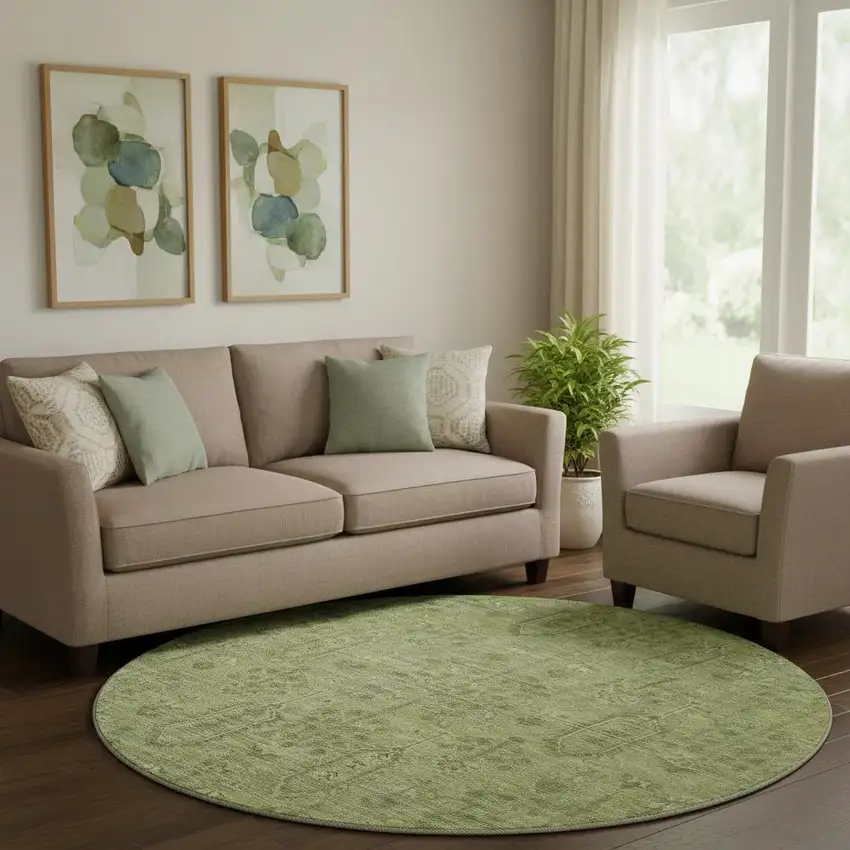 8' Sage And Green Southwestern Washable Round Rug With UV Protection Photo 1