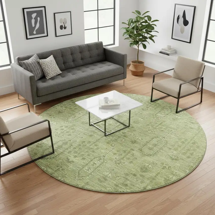 8' Sage And Green Southwestern Washable Round Rug With UV Protection Photo 2
