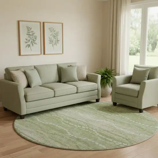 8' Sage And Ivory Abstract Geometric Washable Round Rug With UV Protection Photo 2