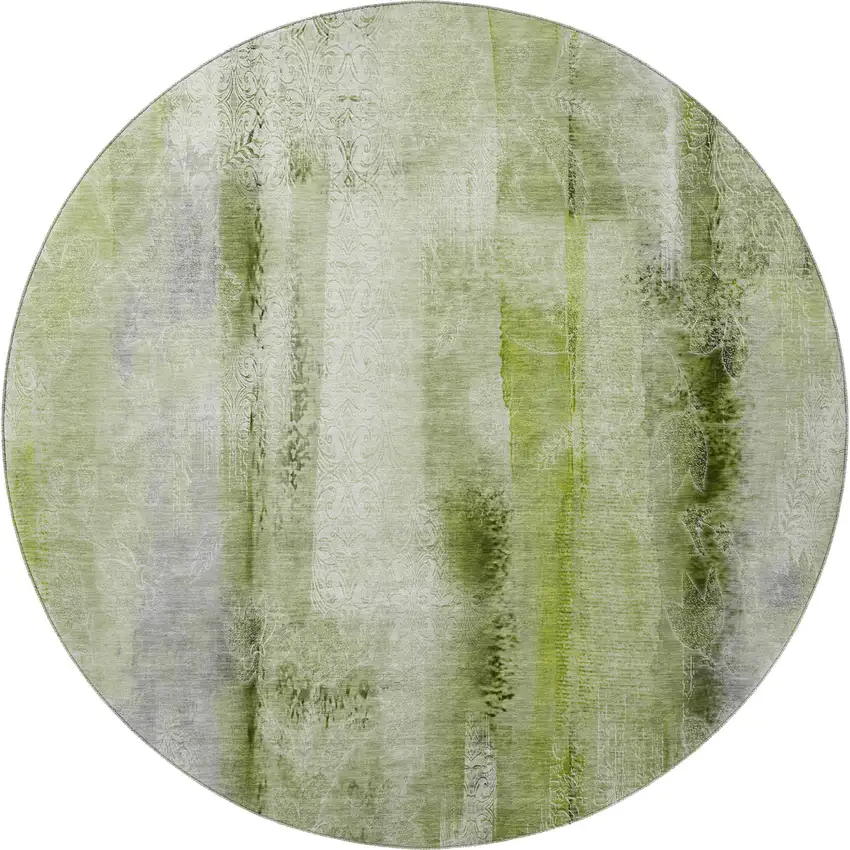 8' Sage And Ivory Abstract Washable Round Rug With UV Protection Photo 3