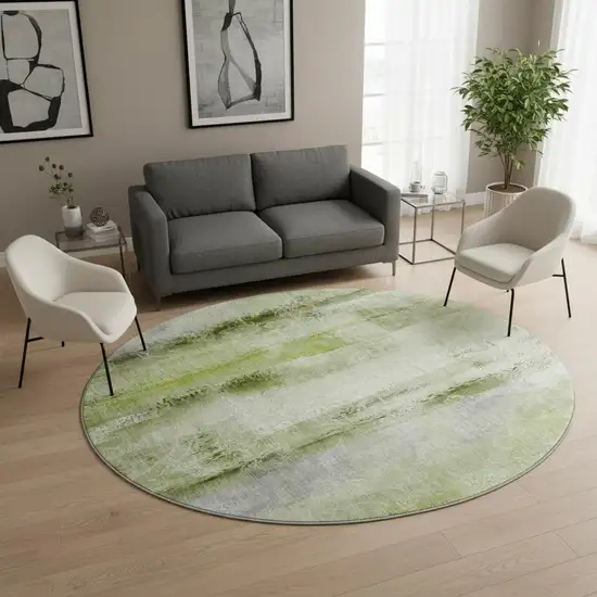 8' Sage And Ivory Abstract Washable Round Rug With UV Protection Photo 2