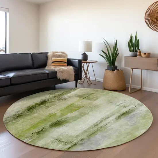 8' Sage And Ivory Abstract Washable Round Rug With UV Protection Photo 4