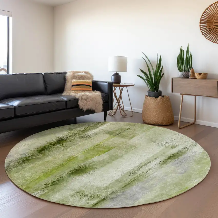 8' Sage And Ivory Abstract Washable Round Rug With UV Protection Photo 4