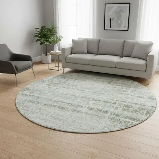 8' Sage And Ivory Abstract Washable Round Rug With UV Protection Photo 2