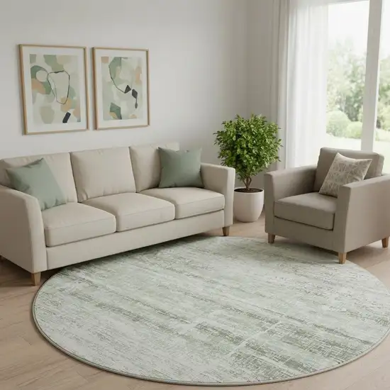 8' Sage And Ivory Abstract Washable Round Rug With UV Protection Photo 1