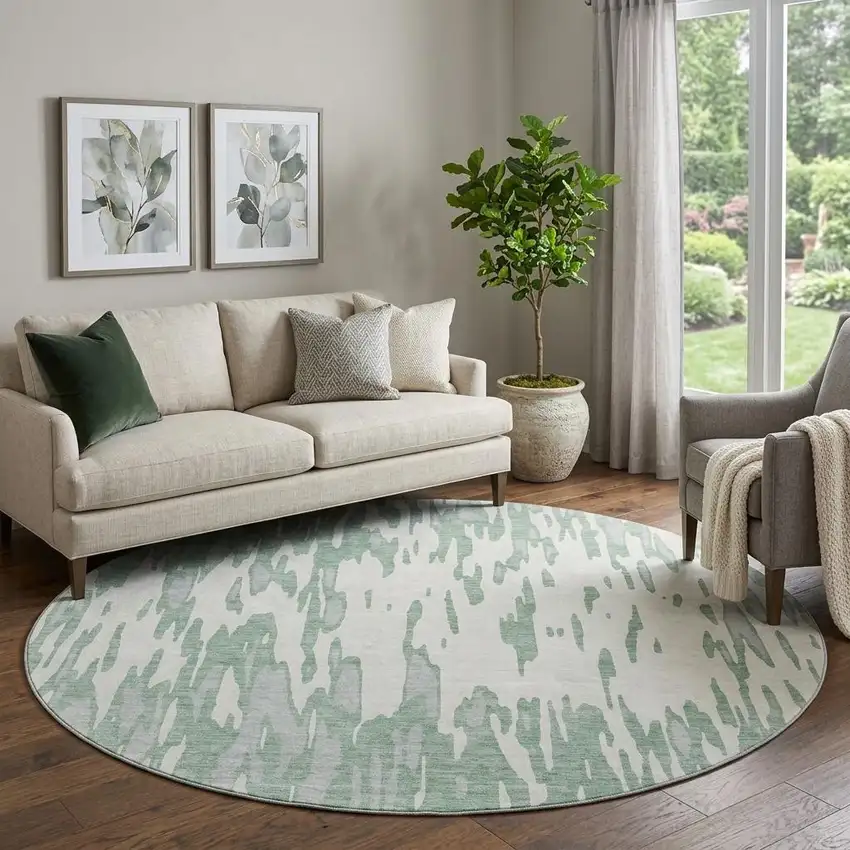 8' Sage And Ivory Abstract Washable Round Rug With UV Protection Photo 1