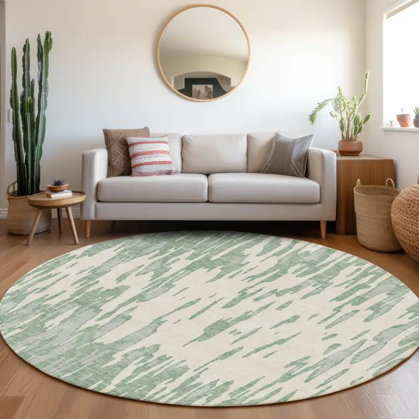 8' Sage And Ivory Abstract Washable Round Rug With UV Protection Photo 4
