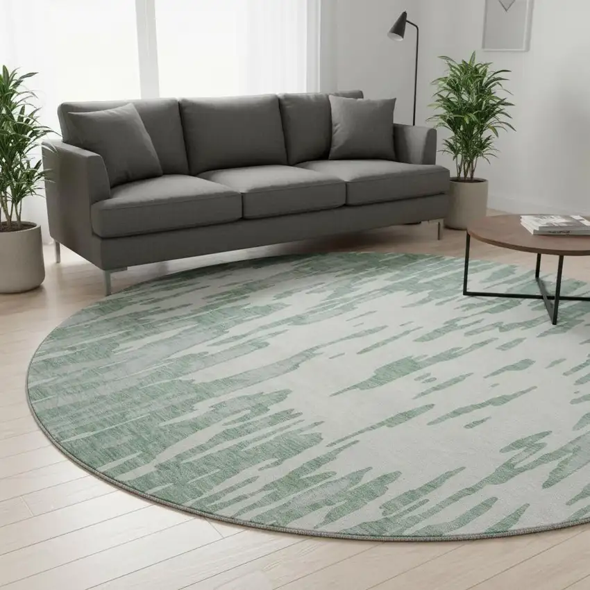 8' Sage And Ivory Abstract Washable Round Rug With UV Protection Photo 2