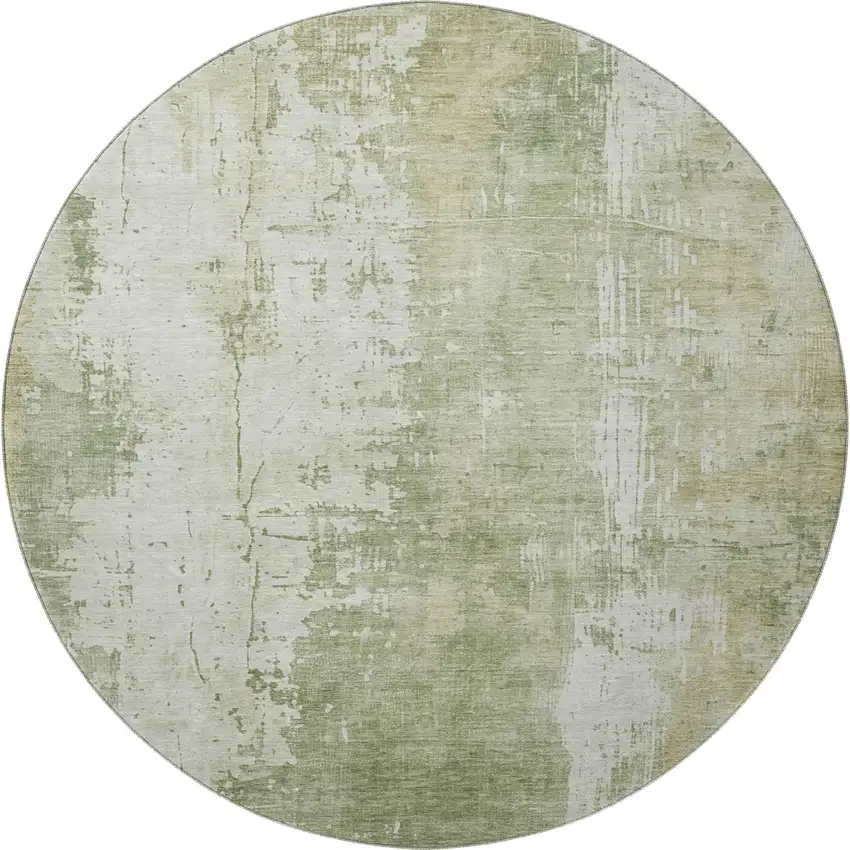 8' Sage And Ivory Abstract Washable Round Rug With UV Protection Photo 3