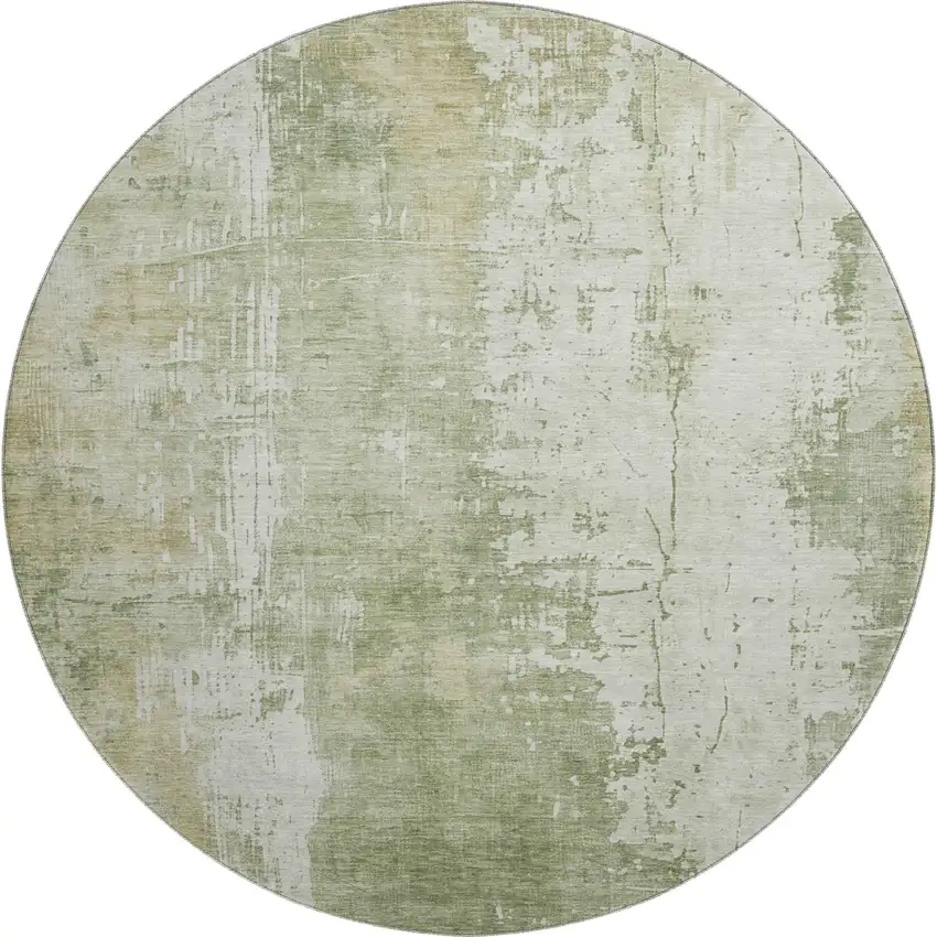 8' Sage And Ivory Abstract Washable Round Rug With UV Protection Photo 1