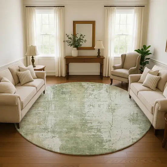 8' Sage And Ivory Abstract Washable Round Rug With UV Protection Photo 4
