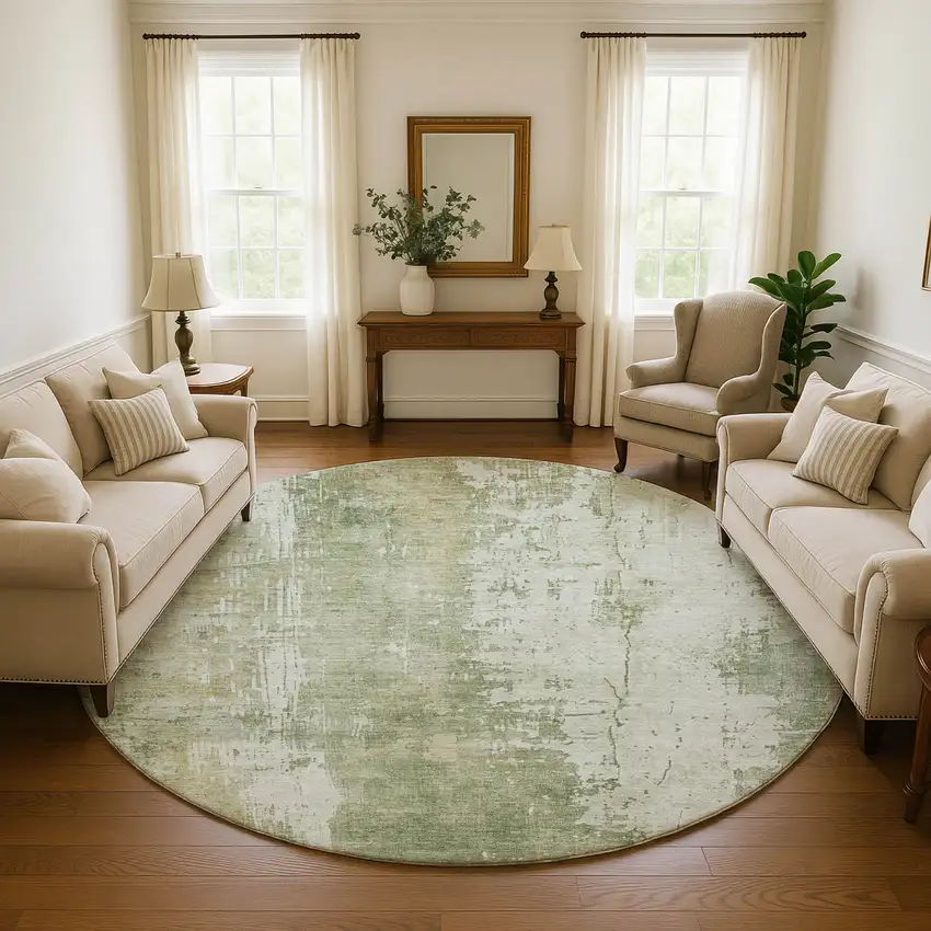 8' Sage And Ivory Abstract Washable Round Rug With UV Protection Photo 4
