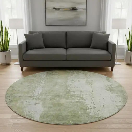 8' Sage And Ivory Abstract Washable Round Rug With UV Protection Photo 2