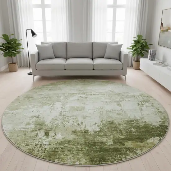 8' Sage And Ivory Abstract Washable Round Rug With UV Protection Photo 2
