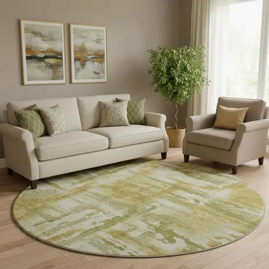 8' Sage And Ivory Abstract Washable Round Rug With UV Protection Photo 2