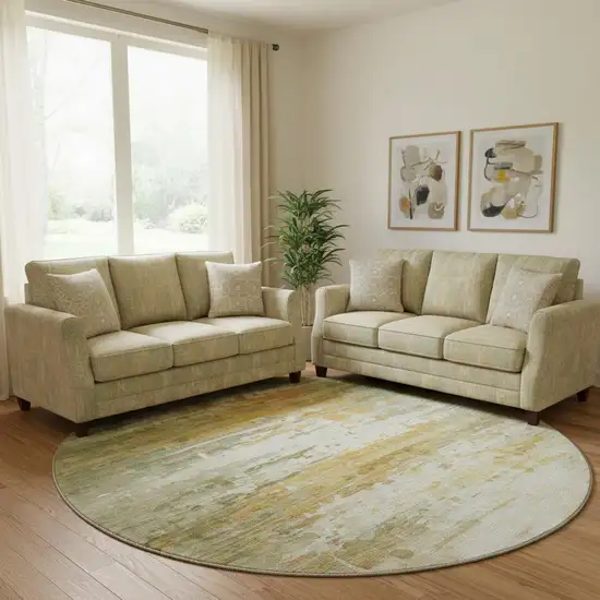 8' Sage And Ivory Abstract Washable Round Rug With UV Protection Photo 2