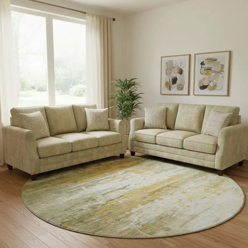 8' Sage And Ivory Abstract Washable Round Rug With UV Protection Photo 2