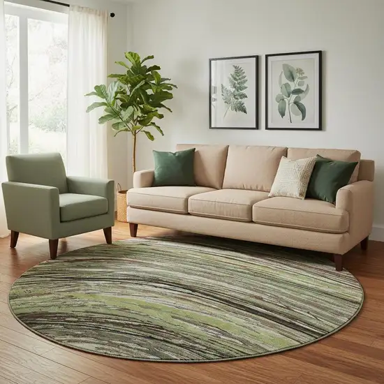 8' Sage And Ivory Abstract Washable Round Rug With UV Protection Photo 2