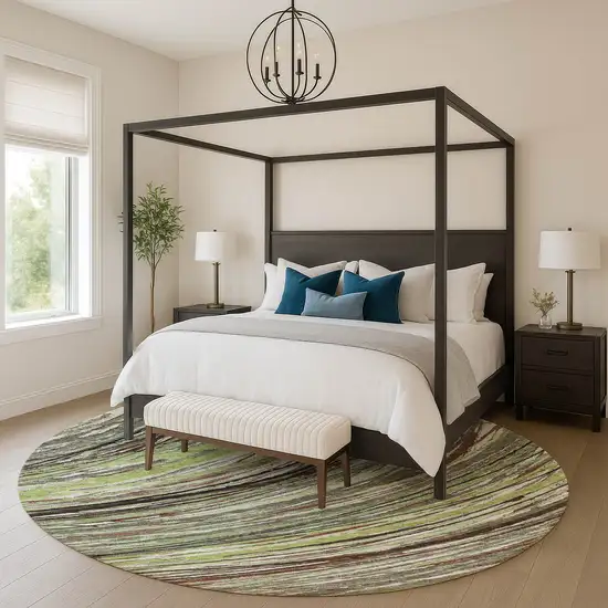 8' Sage And Ivory Abstract Washable Round Rug With UV Protection Photo 5